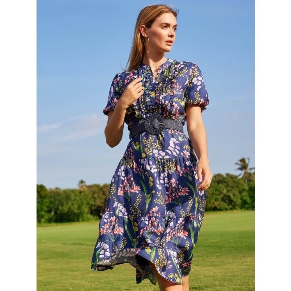J.Mclaughlin Harper Silk Short Sleeve Dress in Sprig Navy/Multi Floral medium